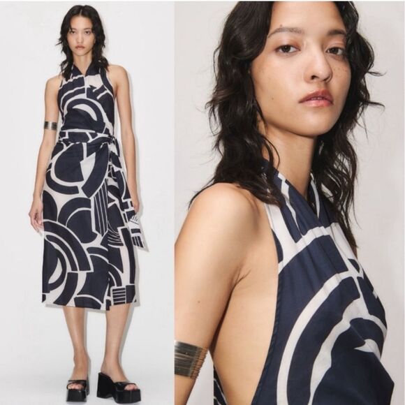 ZARA Nicole Halter Wrap Midi Dress Navy/White Print XS NEW - Picture 2 of 14